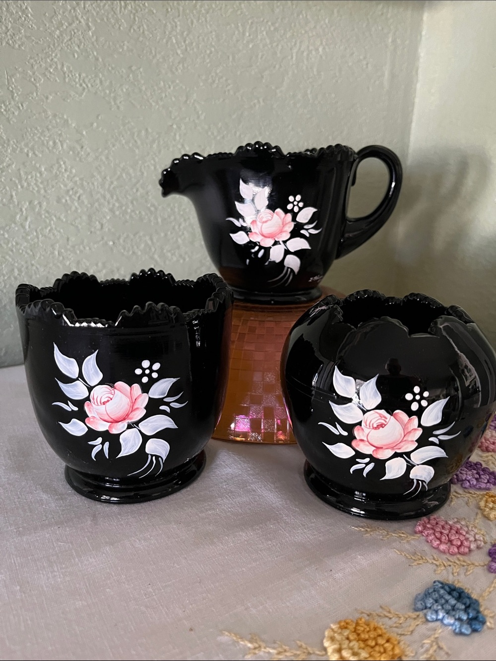 Vintage Pilgrim Glass Black Amethyst Hand-Painted Vase & Covered Jar Set 3 Pc